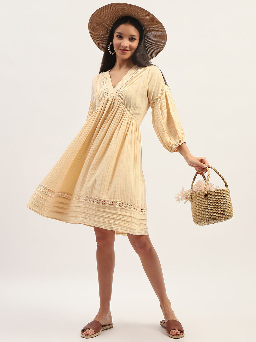 Madame Puff Sleeve Fit And Flare Cotton Beige Midi Dress