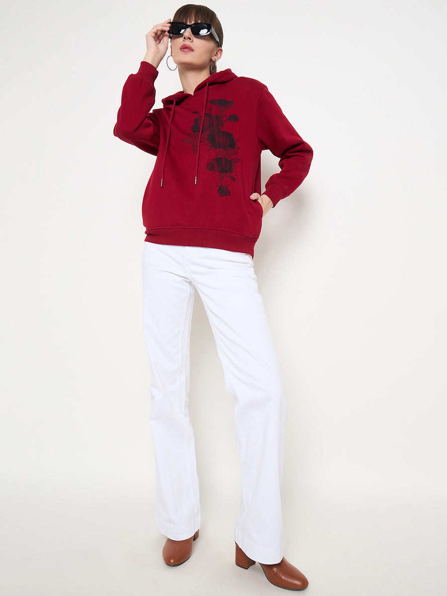 Madame Floral Print Adorned Cotton Blend Red Sweatshirt