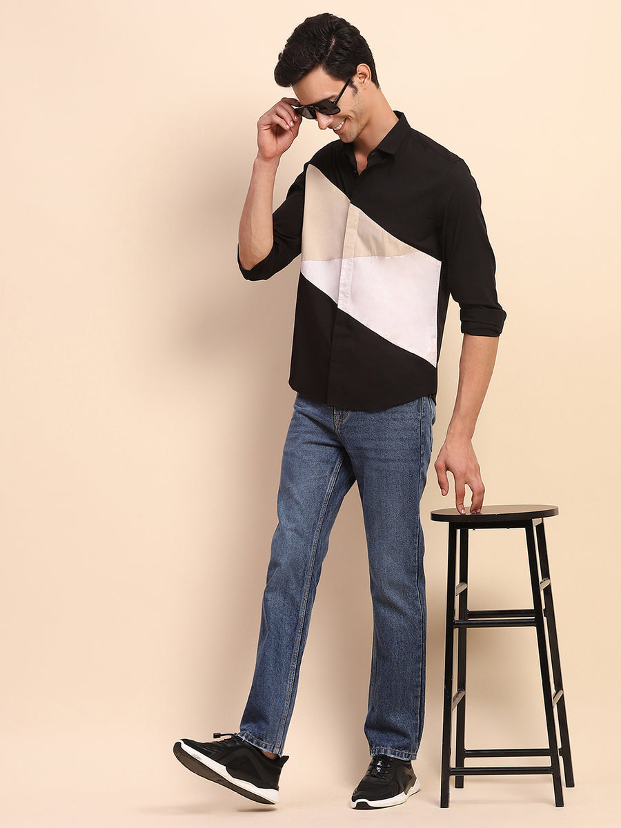 Camla Barcelona Color Block Collared Black Cotton Shirt