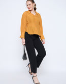 Madame Pleat Detailed Pearl Buttoned Solid Mustard Yellow Shirt