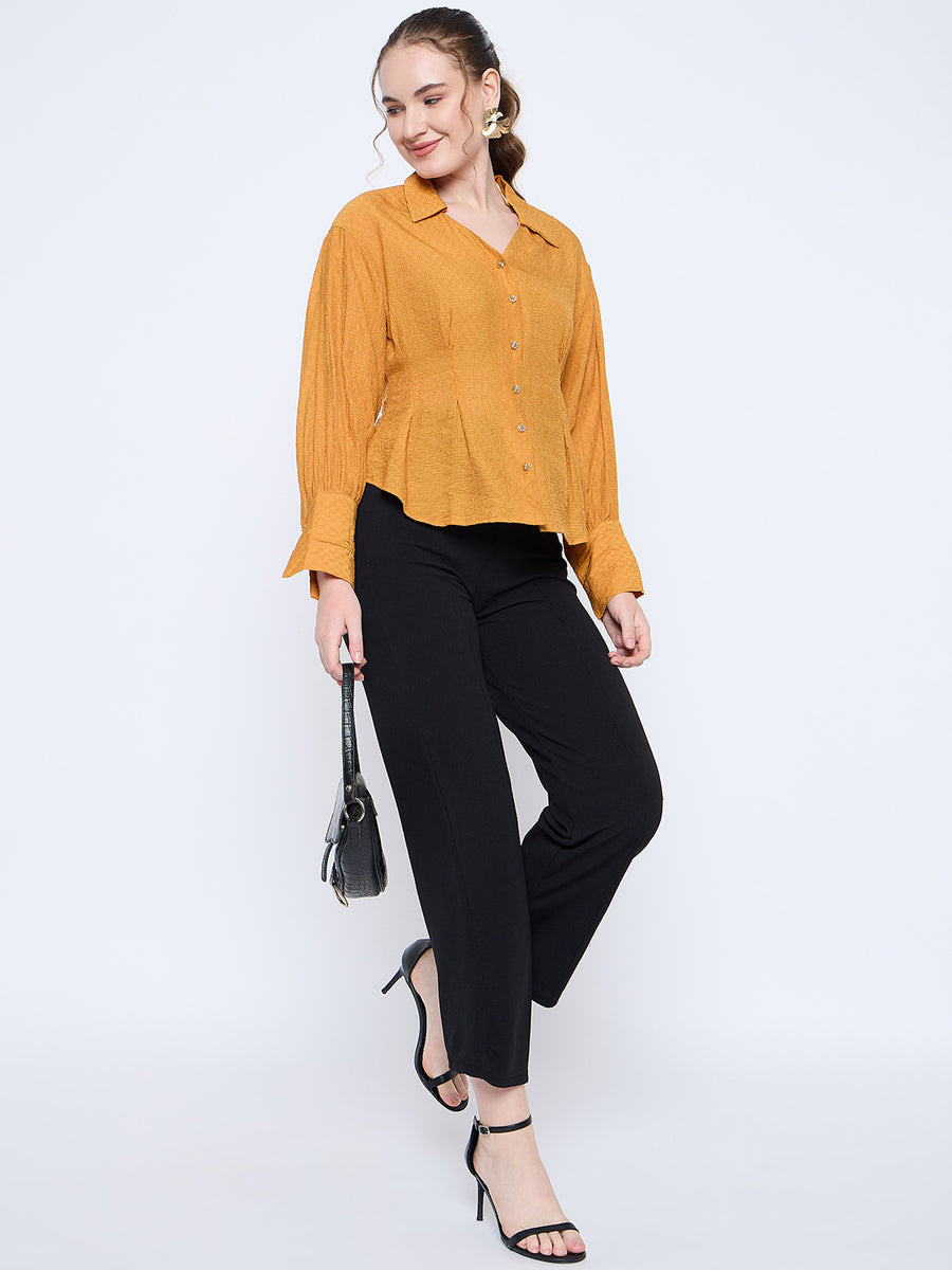 Madame Pleat Detailed Pearl Buttoned Solid Mustard Yellow Shirt