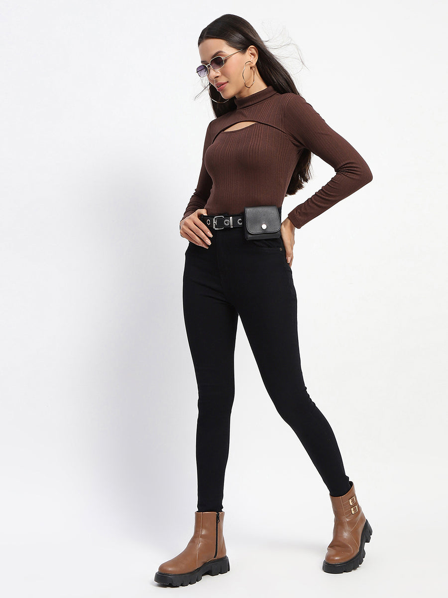 Madame Chest Cutout Ribbed High Neck Top