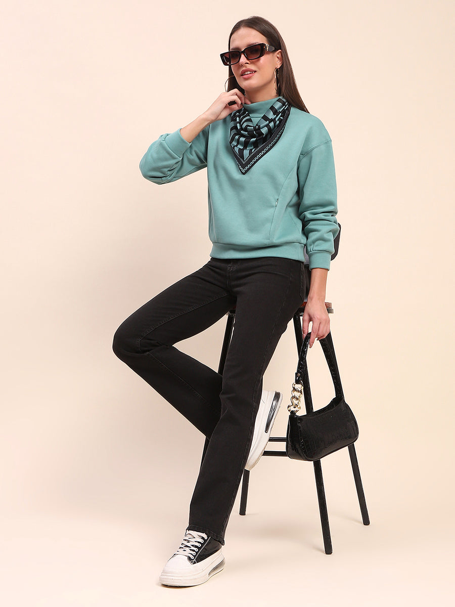 Camla Barcelona Cotton High Neck Sea Green Sweatshirt