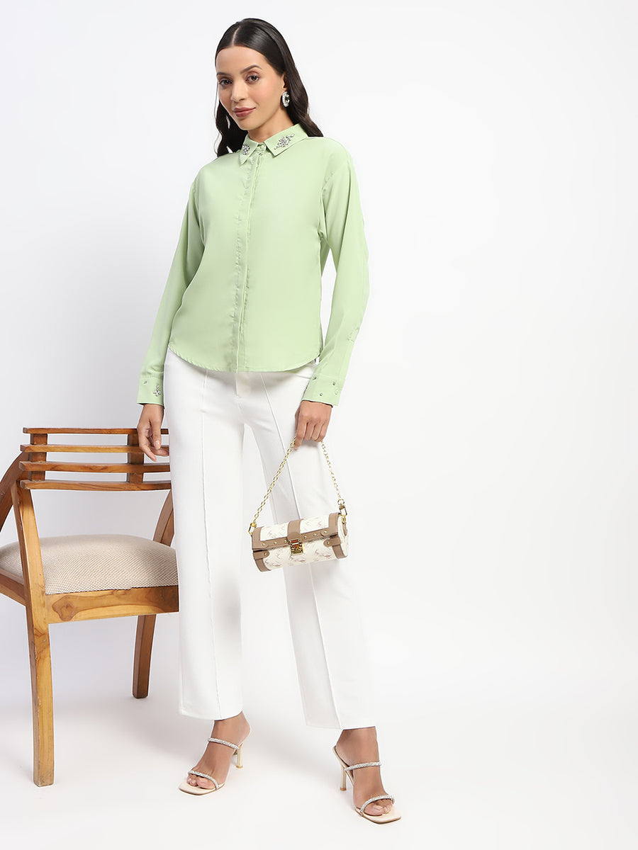 Madame Collar And Sleeve Embellished Green Shirt