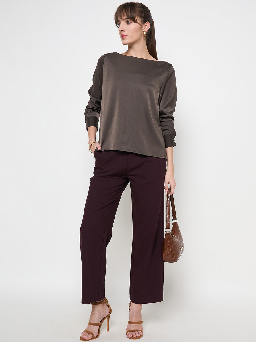 Madame Belted Straight Fit Wine Trousers