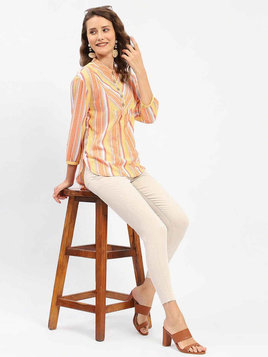 Madame Mandarin Collar Modal Cotton Striped Shirt