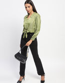 Madame Self Belted Waist Striped Green Shirt