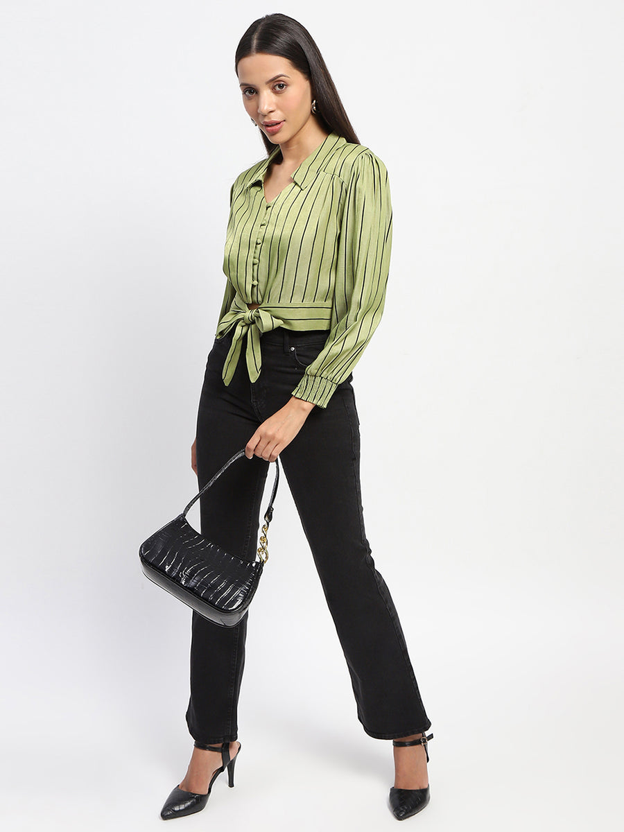 Madame Self Belted Waist Striped Green Shirt