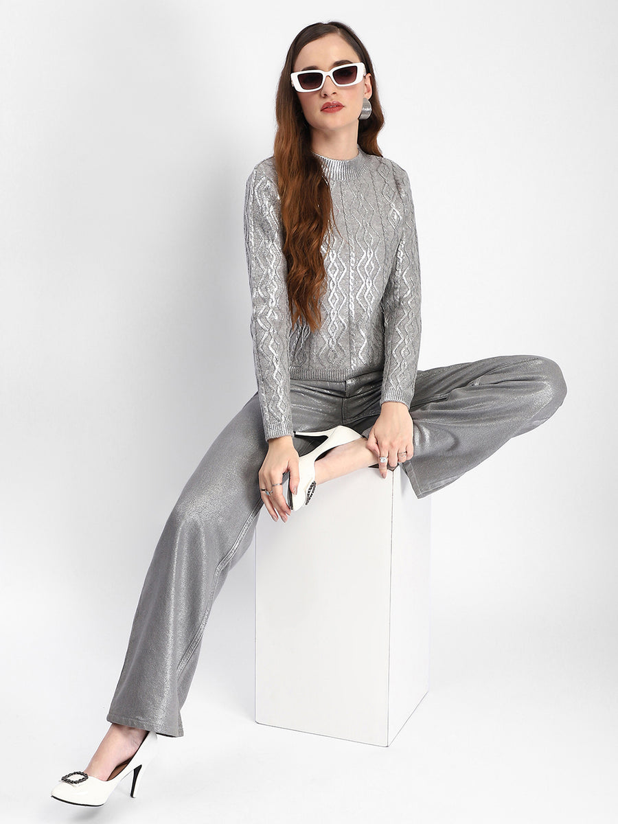 Madame Metallic Geometric Print Grey Sweater