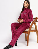 mSECRET Typography Adorned Zipped Top and Bottom Wine Cotton Night Suit