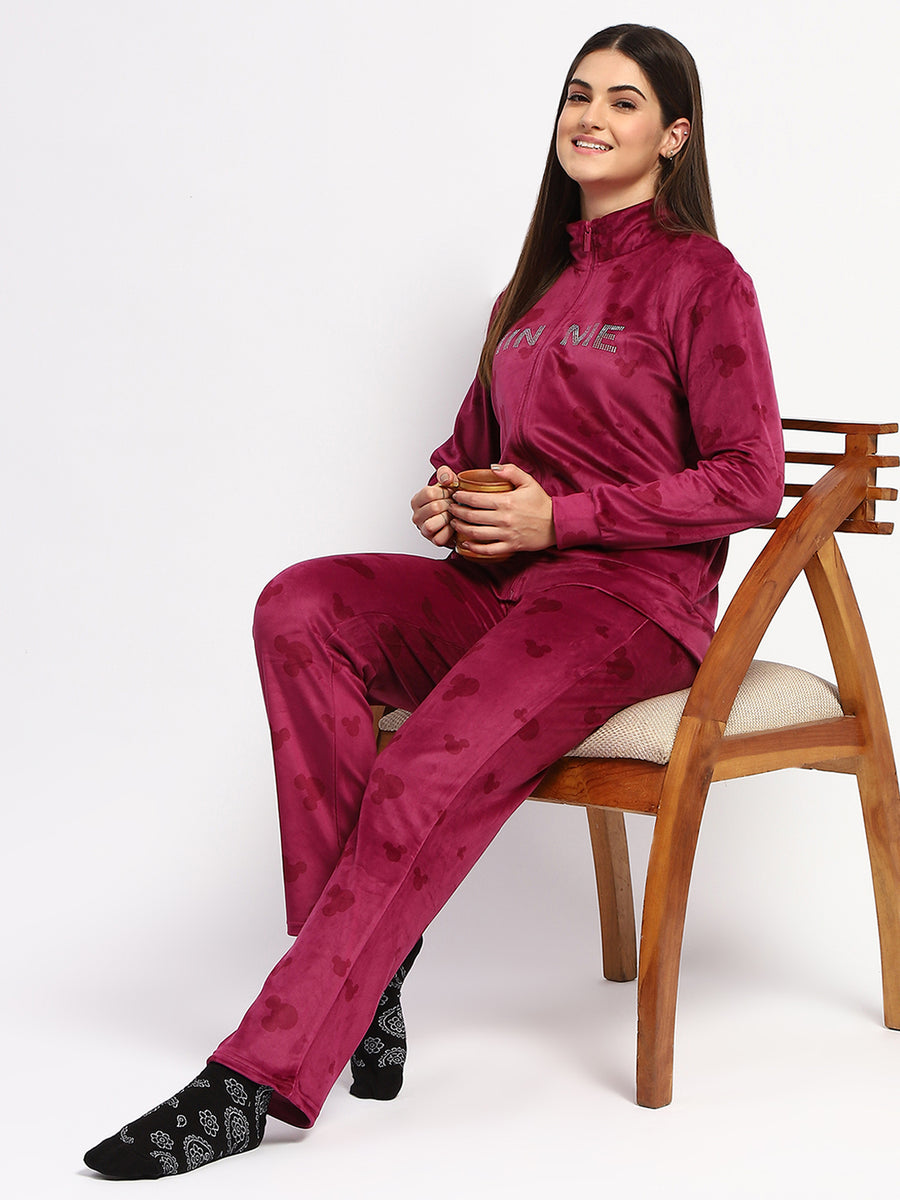 mSECRET Typography Adorned Zipped Top and Bottom Wine Cotton Night Suit