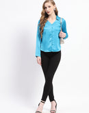 Madame Satin Bell Sleeve Collared Solid Blue Top