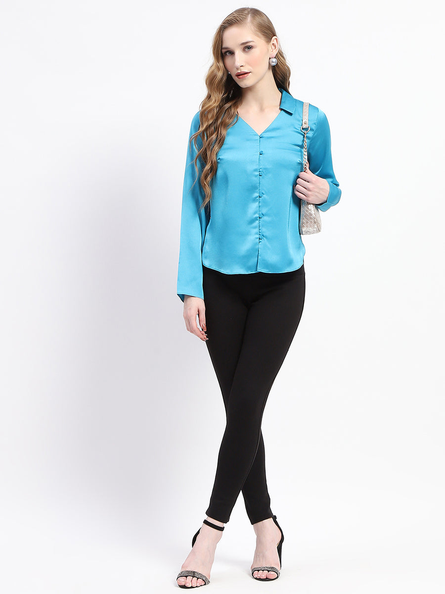 Madame Satin Bell Sleeve Collared Solid Blue Top