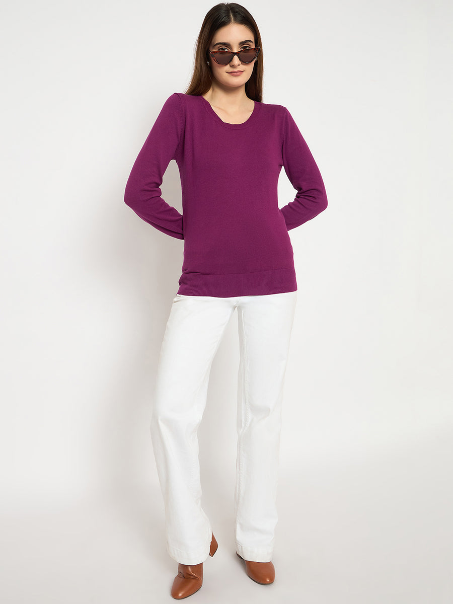 Madame Round Neck Ribbed Cuff Purple Sweater