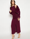 Madame Shanaya Kapoor Shimmery Gathered Detail Bodycon Wine Maxi Dress