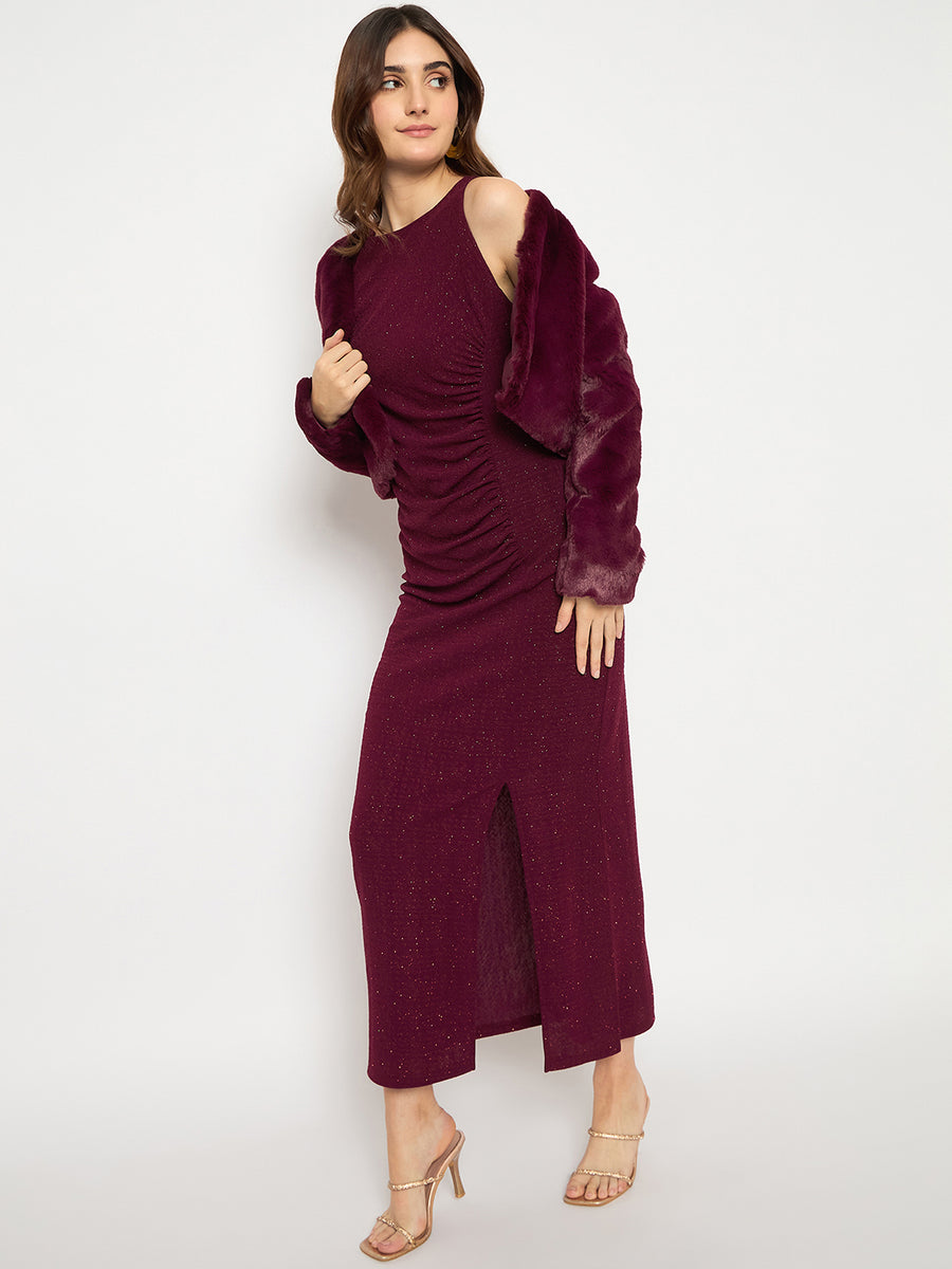 Madame Shanaya Kapoor Shimmery Gathered Detail Bodycon Wine Maxi Dress