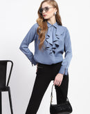 Madame Ruffle Collar Solid Blue Shirt