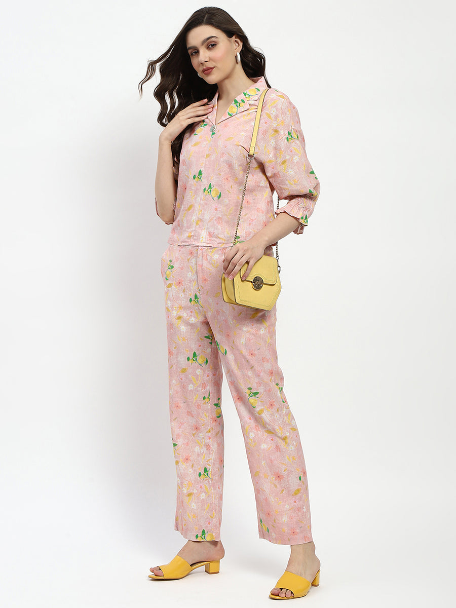 Madame Floral Print Cotton And Linen Peach Co-Ord Set