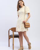 Madame Puff Sleeve Off-White Lace A-Line Dress