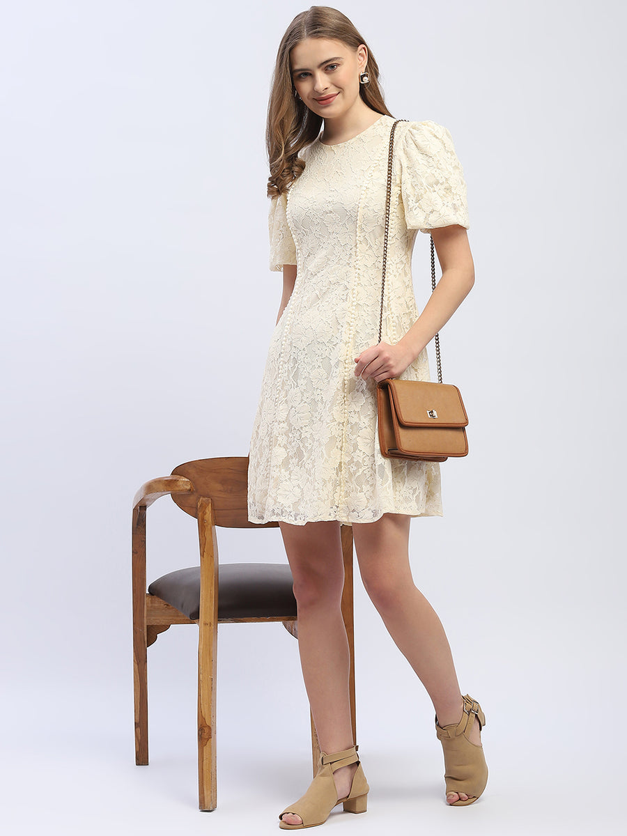 Madame Puff Sleeve Off-White Lace A-Line Dress