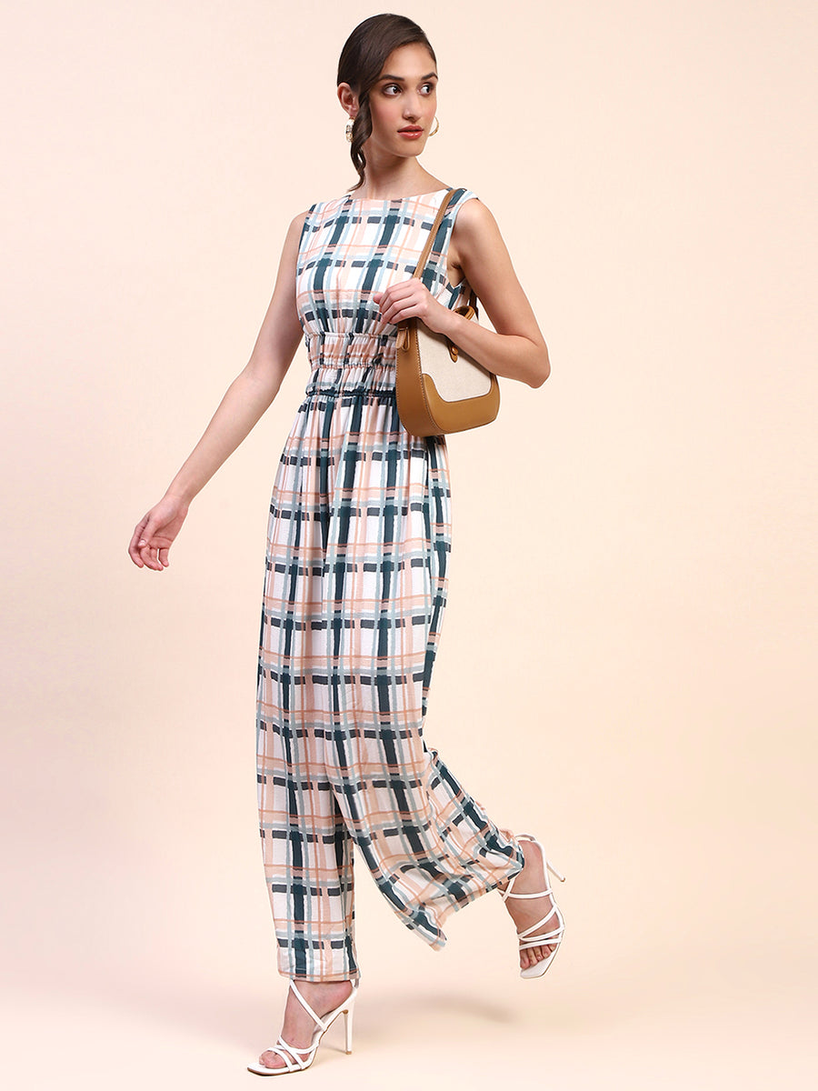 Camla Barcelona Checkered Cinch Waist Sleeveless Off White Jumpsuit