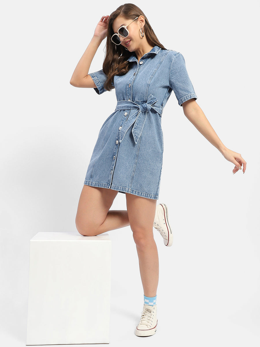 Madame Belted Waist Mid Blue Denim Shirt Dress