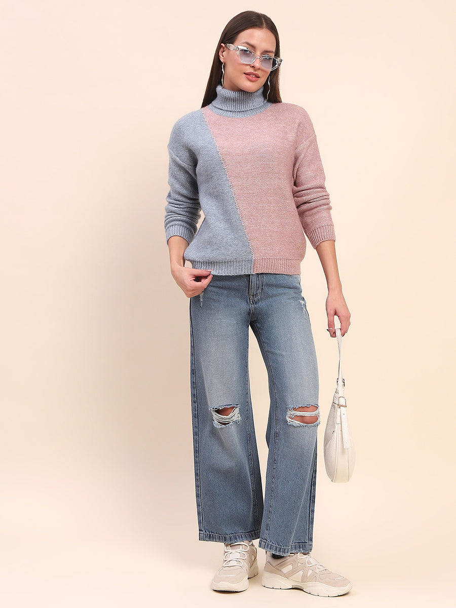 Camla Barcelona Color Blocked Turtle Neck Peach Sweater