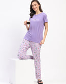 mSECRET Cotton Mauve Night Set with Typography Floral Print