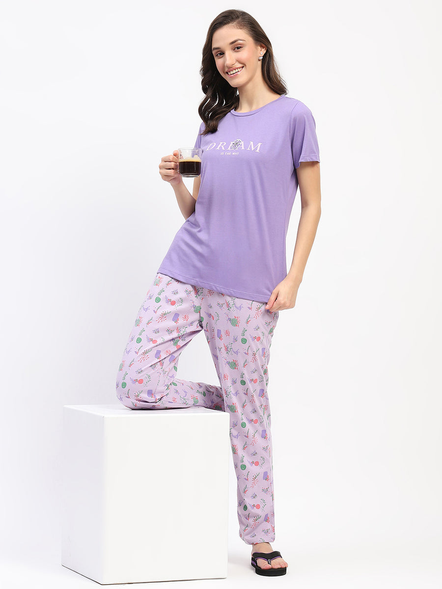 mSECRET Cotton Mauve Night Set with Typography Floral Print