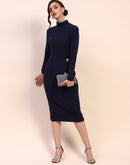 Camla Barcelona Ring Accented Shimmery Navy Midi Dress