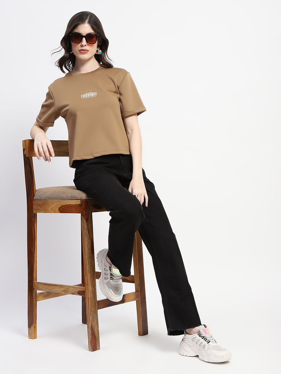 Madame Crew Neck Beige Crop T-Shirt