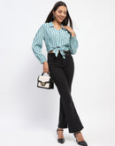 Madame Self Belted Waist Striped Aqua Blue Shirt