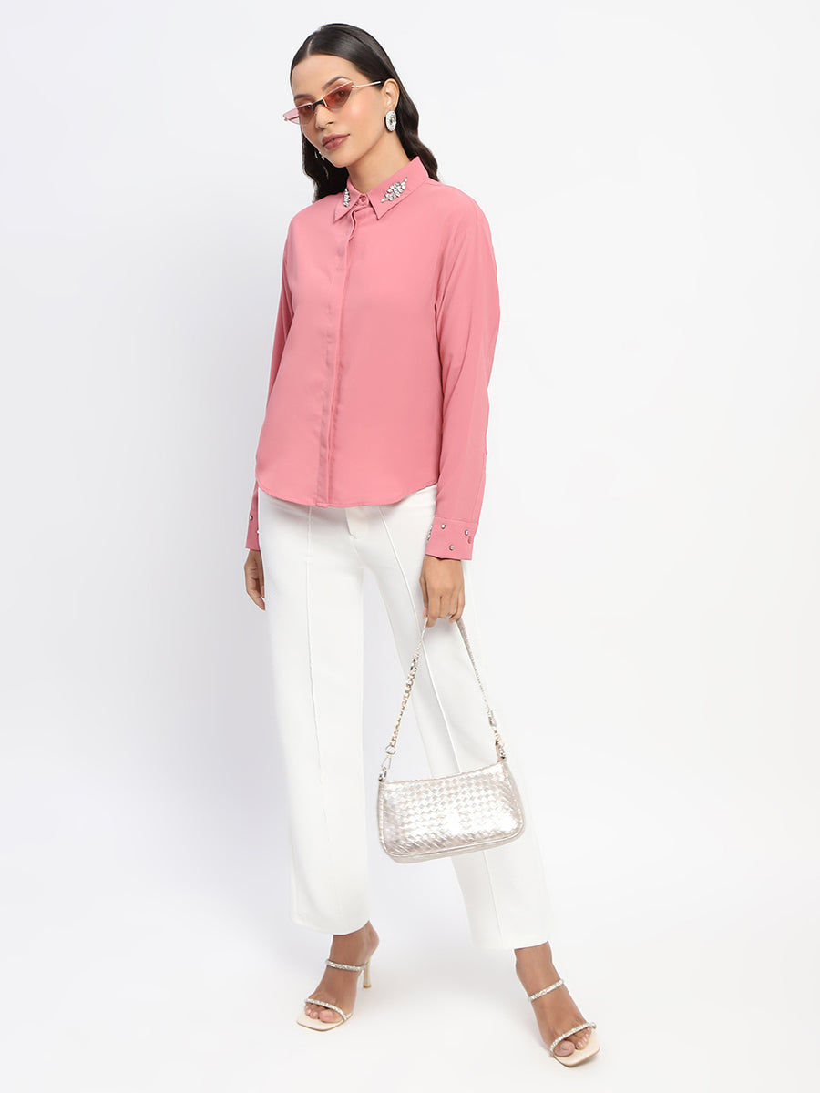 Madame Collar And Sleeve Embellished Dusty Pink Shirt