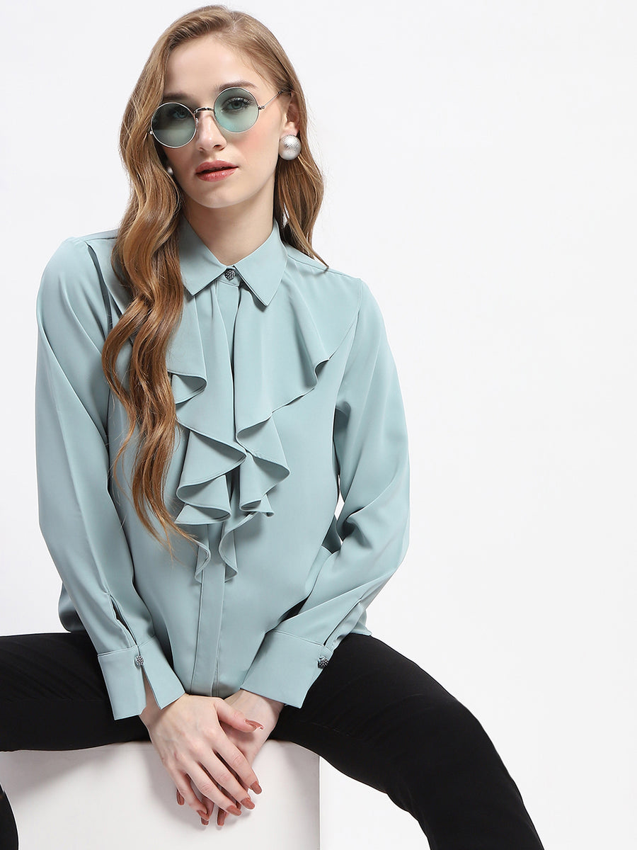 Madame Ruffle Collar Solid Grey Shirt