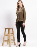 Madame Satin Bell Sleeve Collared Solid Olive Green Top