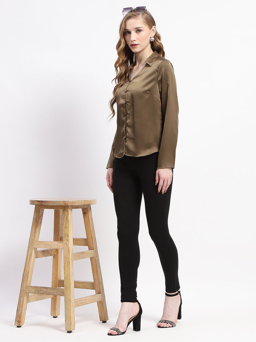 Madame Satin Bell Sleeve Collared Solid Olive Green Top