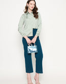 Madame Embellished Shirt Collar Solid Green Shirt