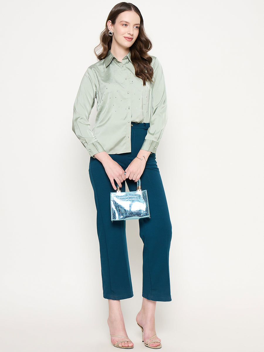 Madame Embellished Shirt Collar Solid Green Shirt