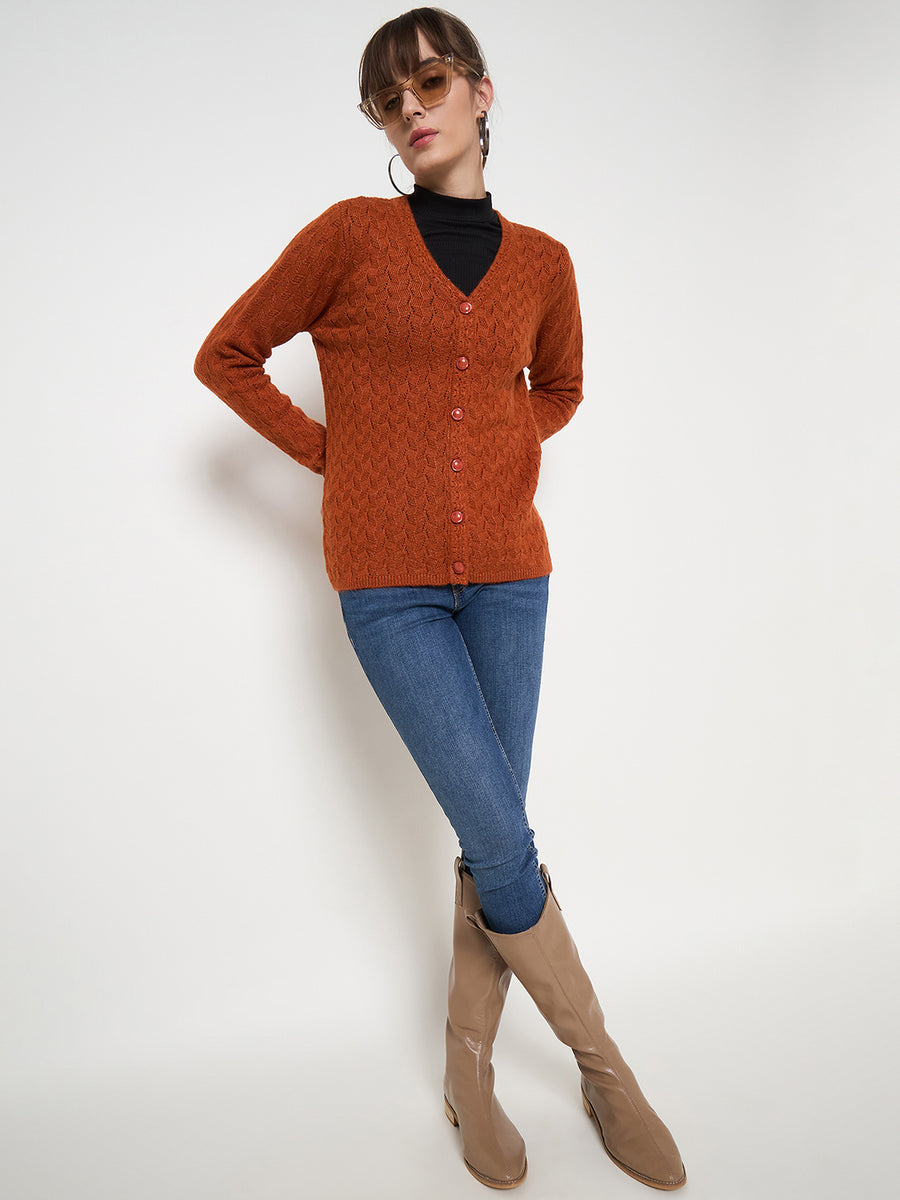 Madame Cable Knit Solid Burnt Orange Buttoned Cardigan