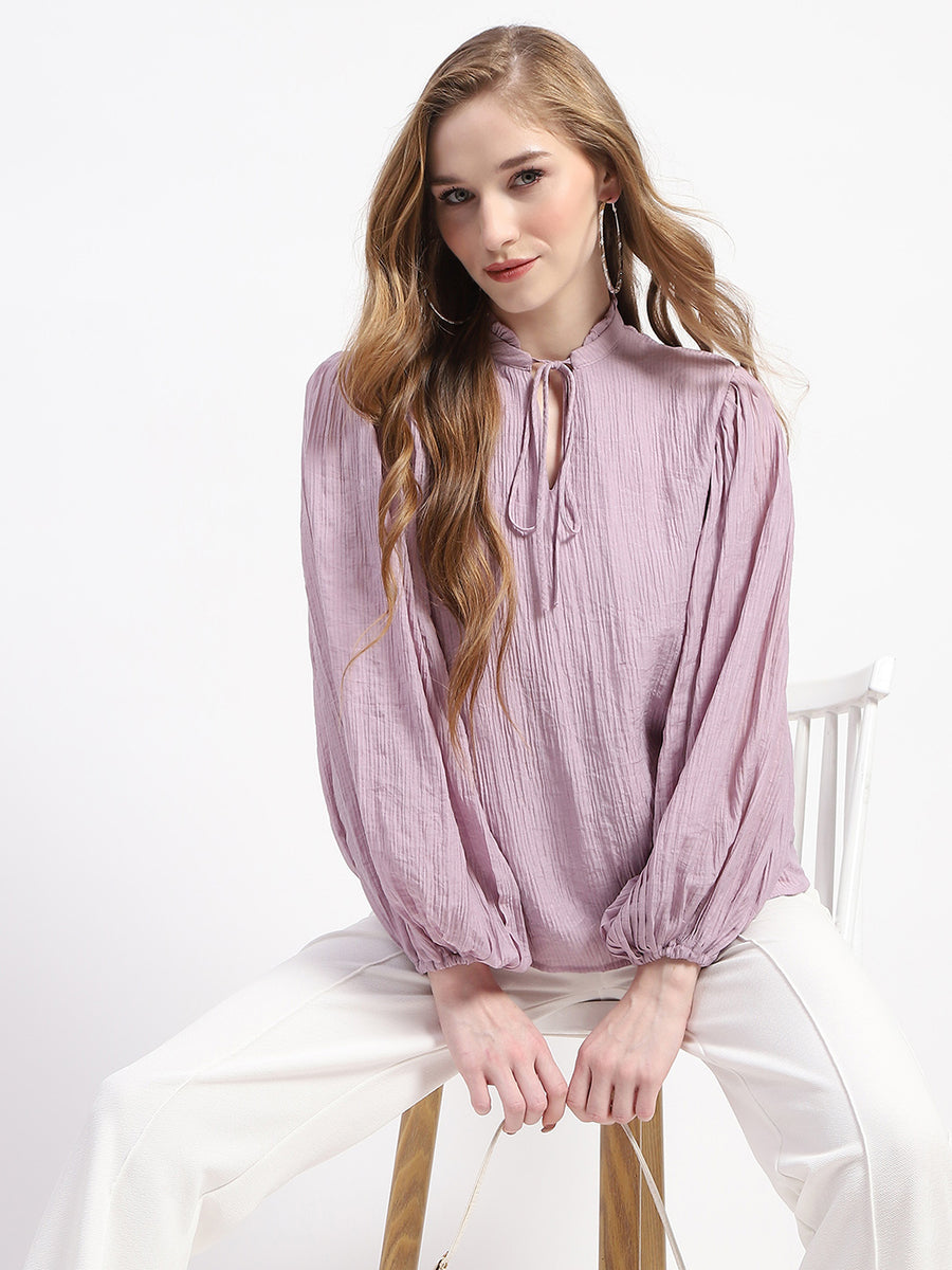 Madame Mock Neck Solid Mauve Cotton Blend