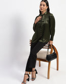 Madame Tie Up Neck Cuffed Sleeve Olive Top