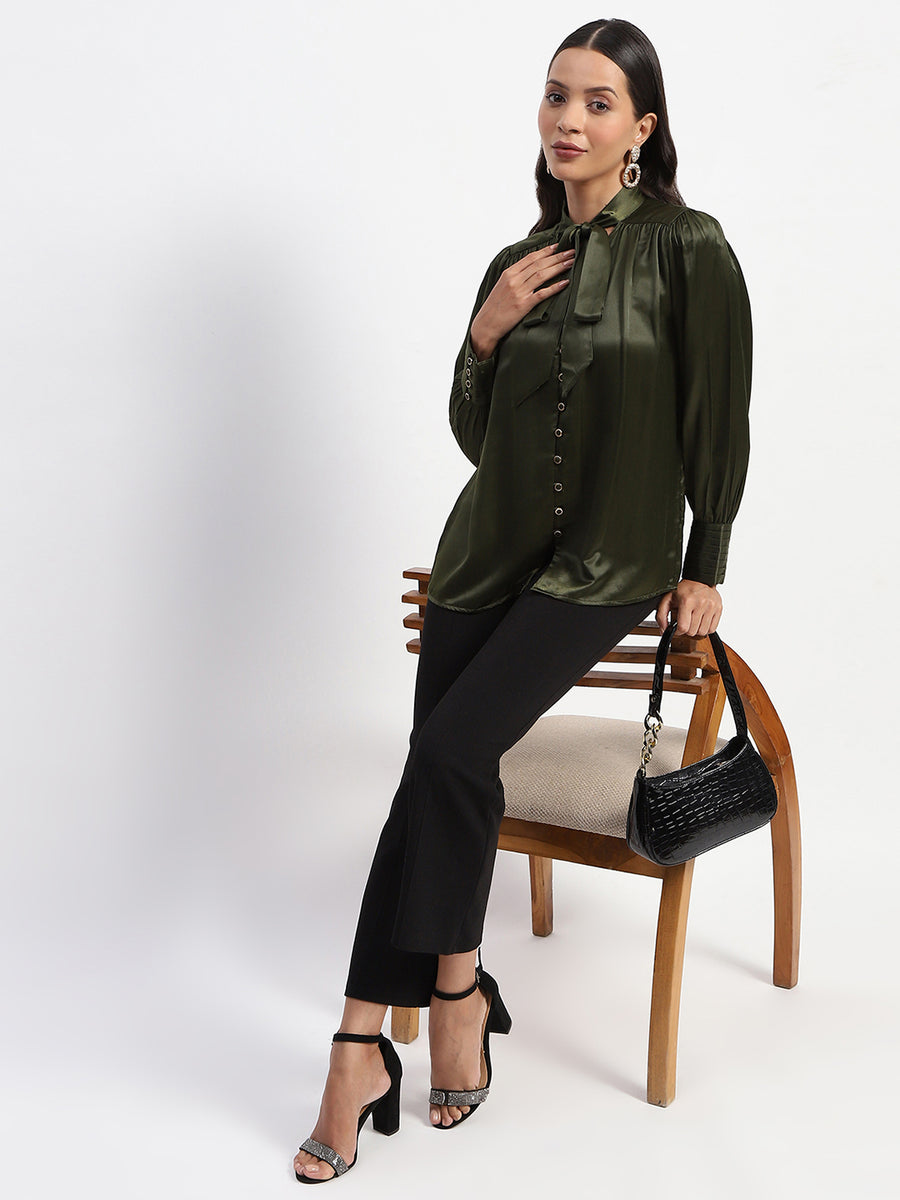 Madame Tie Up Neck Cuffed Sleeve Olive Top