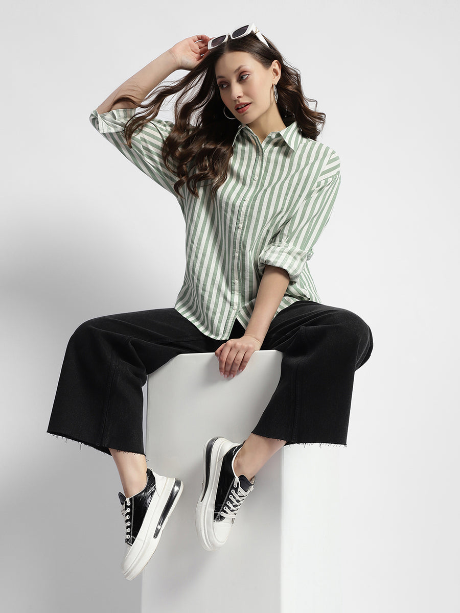 Madame Dusty Green And White Striped Regular Shirt