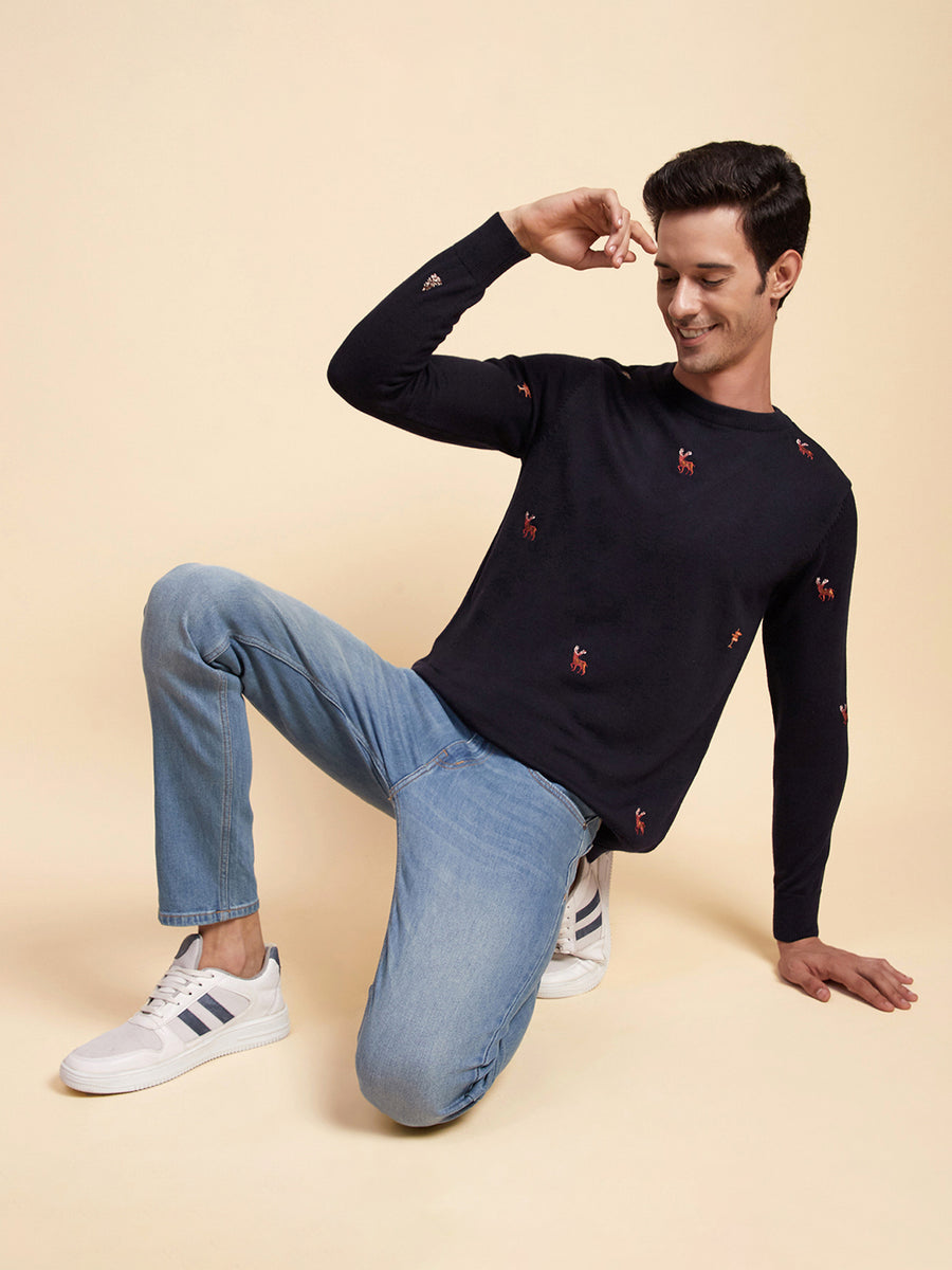 Camla Barcelona Embroidered Crew Neck Navy Sweater