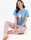 mSECRET Blue Cotton T-Shirt and Printed Pajama Night Suit Set