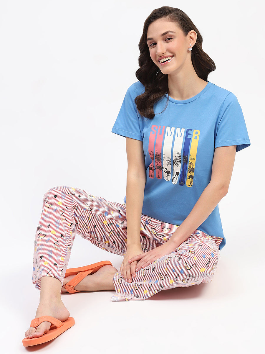 mSECRET Blue Cotton T-Shirt and Printed Pajama Night Suit Set