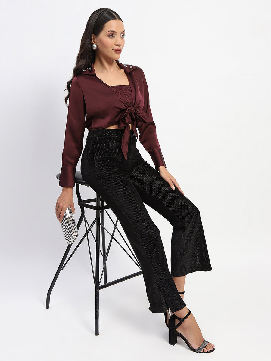 Madame Embellished Collar Front Knot Two Piece Maroon Crop Shirt