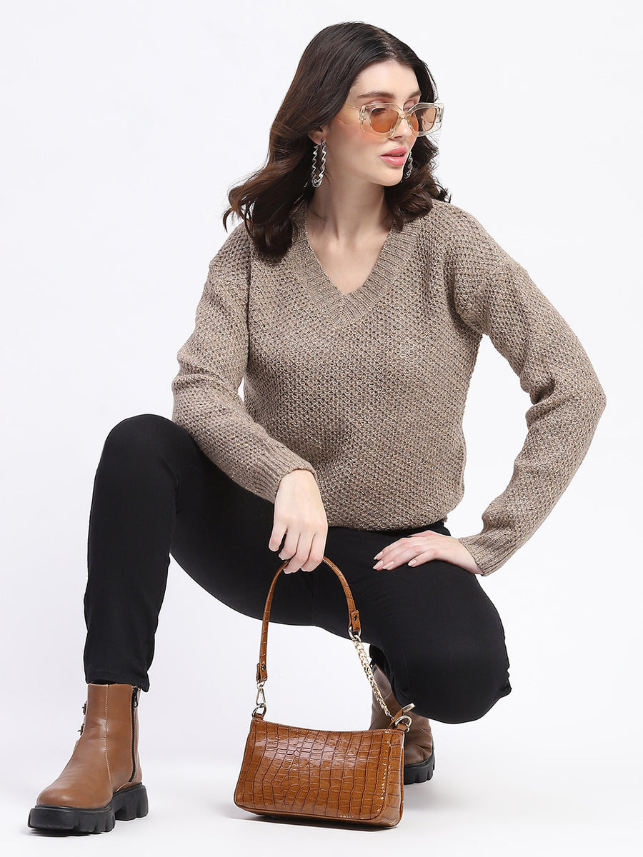 Madame V Neck Relaxed Fit Brown Sweater