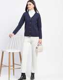 Madame V Neck Buttoned Navy Blue Cardigan