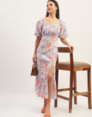 Madame Printed Fit And Flare Blue Cotton Maxi Dress